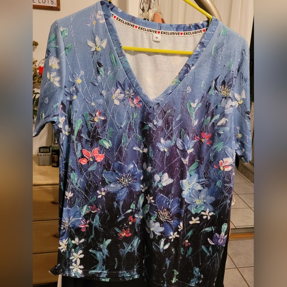 NWOT Silky Multicolored T-shirt style blouse with V-neck